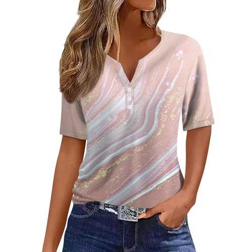 Womens Fashion Striped Printed Button Down V-Neck Summer Tops Loose Casual Basic Graphic Short Sleeve T-Shirts Everyday Comfy Pullover Elegant Workwear, S to 3XL