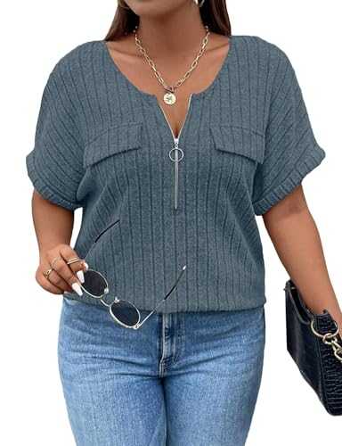 Plus Size Tops for Women V Neck Zipper T-Shirts Oversized Ladies Tops Ribbed Short Sleeve Tunic Top Loose Casual Lightweight Shirt Blouses XL-5XL