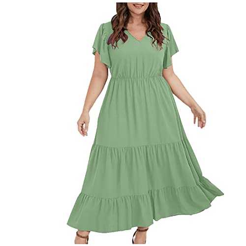 KUIH Women Summer Maxi Dresses UK Plus Size V Neck Casual Dress with Pockets Ruffle Sleeve Tiered Swing Dresses Ladies A Line Sundress Party Elegant Loose Dress Holiday Clothes