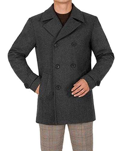 Bonnorth Men's Wool Blend Quilted Lined Double Breasted Pea Coat Winter Warm Classic Notched Collar Overcoat