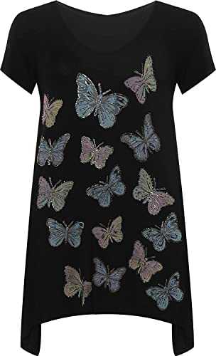 Top Plus Size Glitter Butterfly Print Hanky Hem T-Shirt Long UK Size 14-28