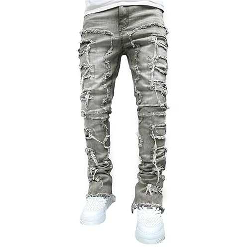 Men's Black Stacked Jeans Ripped Jeans Patch Distressed Destroyed Denim Trousers Streetwear Men Pants Daily Fit