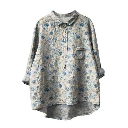 FNKDOR Oversized T Shirts for Women UK Lapel Neck Doll Collar Plus Size Solid Colour Cotton and Linen Blouse Long 3/4 Sleeve Button Down Tunic Tops Summer Loose Fit Office Tee