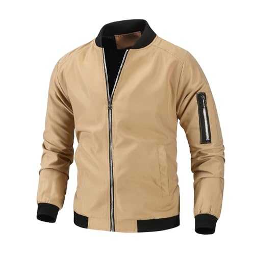 RLEHJN Bomber Jacket Men UK Sale Clearance Solid Color Cargo Baseball Jacket Full Zip Stand Collar Coats Lightweight Thin Windbreaker Coat Long Sleeve Tops Sportwear Outerwear with Pockets M-6XL