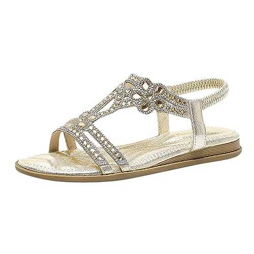 WILLBEST Sandals Womens Flats Mules Flower Diamante Ladies Sandals Thong Strappy Crossover Dress Shoes Summer Beach Wide Fit Plantar Fasciitis Arch Support Slipper