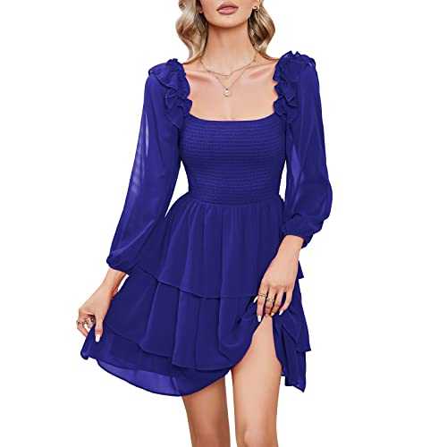 Byinns Women's Smocked Ruffle Mini Dress Square Neck Long Sleeve Party Dress Cute Cottagecore Wedding Guest Dress