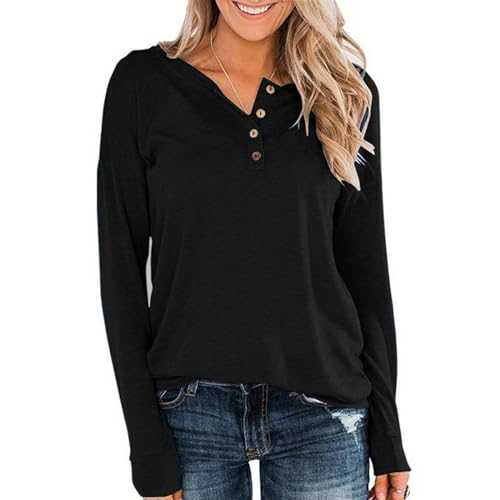 Long Sleeve Tops Women Crewneck Henley Shirts 1/4 Button Plain T Shirts Loose Fall Winter Classic Pullover Womens Blouses Plus Size Elegant Tunic Top Sports Gym Soft Undershirt Casual Outfit