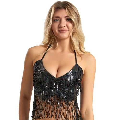 XINCHIA Womens Sparkly Sequins Belly Dance Bra Halter Crop Top Glitter Lace-up Bra Metallic Top Party Club Tassel Fringe Tank Top Bling Festival Outfit Tassel Cami Top for Clubwear Ballet Dance Rave