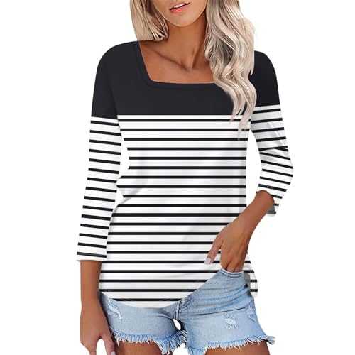 CGGMVCG Womens T Shirts Fashion Casual Solid Color Square Neck Three Quarter Sleeve Womens Tops Summer 2025