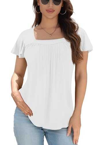 CHNAGMU Blouses for Women Short Sleeve Tunic Tops Casual Square Neck Ladies Loose Summer Elegant T Shirts