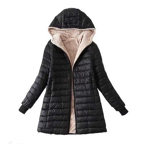 Womens Puffer Down Jacket Winter Fleece Lined Jackets Warm Faux Fur Long Coat Ladies Quilted Zip Puff Coats Waterproof Padded Overcoat Outdoor Ski Hiking Thicken Outwear with Pockets Hooded