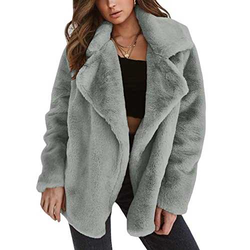 Winter Faux Fur Coat For Women Uk Thermal Fleece Lining Solid Lapel Collar Jacket Thick Windproof Baggy Open Front Cardigans