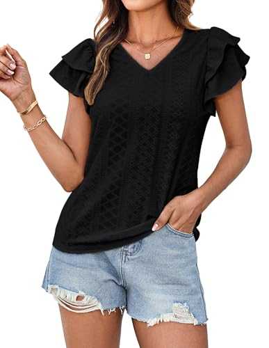 GRACE KARIN V Neck Tops for Women Summer Short Double Flounce Sleeve Blouses Casual Outing Shirts