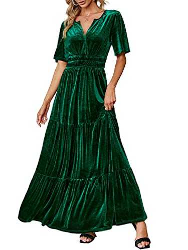 Amegoya Women's Velvet Short Sleeve V Neck Formal Wedding Guest Maxi Dresses Fall Evening Party Long Dresses