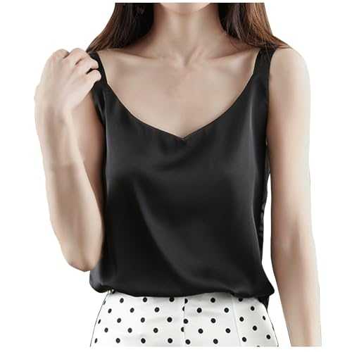 Flodxo Ladies Tops Silk Satin Tank Top Sexy V Neck Sleeveless Vests Plus Size Summer Women Blouses Crop Cami Camisole Basic Shirts Casual Loose Underwear Solid Color Trendy Pullover