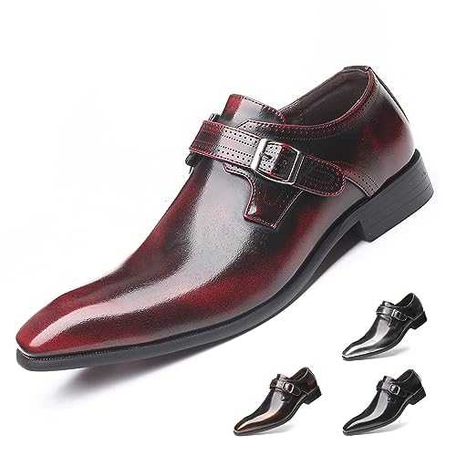Men's Leather Pointed Toe Dress Shoes,Fashion English Style Adjustable Metal Buckle Hook & Loop Decorate Slip On Block Heel Formal Business Wedding Oxford Shoes Loafer