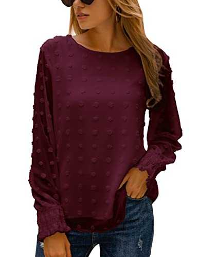 Blooming Jelly Womens Chiffon Blouses Elegant Lantern Long Sleeve Round Neck Top Pom Pom Shirts