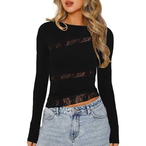 EMOTTOS Women's Sexy Lace Tops- Y2k Skew Neck Knot Long Sleeve T-Shirt, Ladies Slim Fit Round Neck Mesh Crop Tops, Sexy Top Dupes Blouse with Floral Lace Club Streetwear