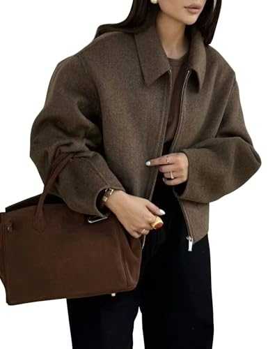 Zucige Womens Cropped Wool Jacket Plain Zipper Short Pea Coats Fall Winter Trendy Tweed Jackets 2025