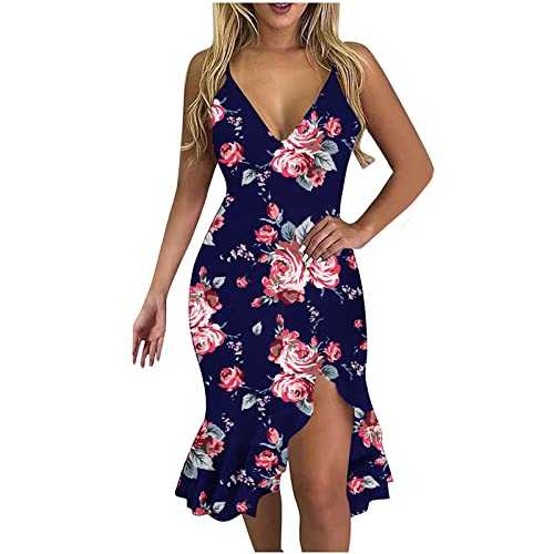 AMhomely Women Dress Sale Clearance V-Neck Sleeveless Ruffle Low-Cut Splicing Printing Slit Sling Dress UK Ladies Dress Party Elegant Beach Dress Club Cocktail Work Dresses Evening Gowns