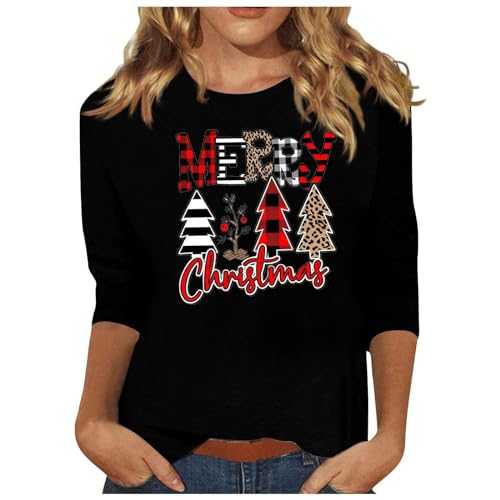 Merry Christmas T Shirts for Women UK Casual 3/4 Sleeve Crewneck Tunic Tops Funny Xmas Tree Santa Print Blouse 2024 Fall Winter Fashion Lightweight Going Out Tee Shirts