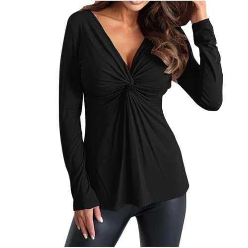 Women's Long Sleeve Tops Spring Women Fashion V-Neck Long Sleeve Solid Color Sexy Casual Tee Tops UK Size Elegant Shirts Blouses Tunic Tops Loose Baggy Shirt Clearance