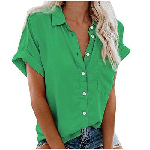 BUKINIE Womens Button Up Shirts Cotton Short Sleeve Blouses V Neck Casual Tunics Solid Color Tops with Pockets