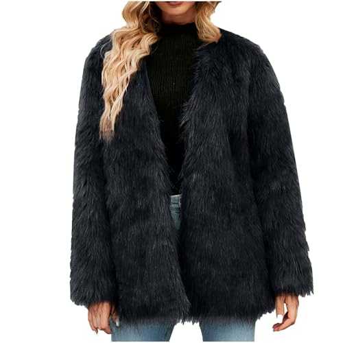 Faux Fur Coat Ladies Furry Long Coat Collarless Solid Color Winter Coats for Women Uk Warm Fluffy Cardigan Jacket Long Sleeve Padded Teddy Coats Casual Outerwear