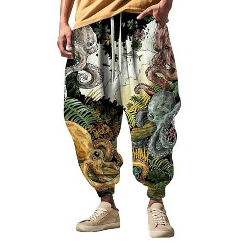 Bohemia Harem Pants Mens 3D Printed Mens Joggers Combat Trousers for Men UK Chef Trousers Loose Tapered Legs Tracksuit Bottoms Men Walking Trousers Sweatpants Breathable & Comfortable & Flex