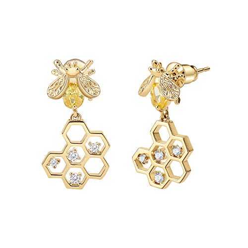 Emibele Gold Plated Earrings for Women, Small Bee & Honeycomb Drop Earrings with 925 Sterling Silver Needle, Geometric Fashion Hoop Earrings Cubic Zirconia Dainty Jewelry Gifts for Women