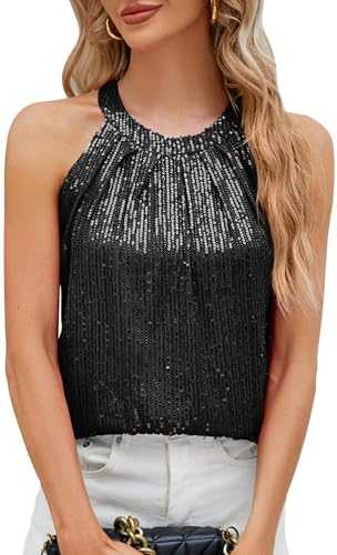 FEOYA Women's Sequin/Fringe Halter Camisole Tops Casual Soft Vest Sparkly Tank Shirt Sexy Sleeveless Cami Blouse for Daily, Party, Evening, Disco, Night Out, Beachwear, S-XXL