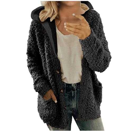 RIKAY Womens Winter Soft Teddy Hooded Jumper Fleece Hoodies Jacket Overcoat Cardigan Hoody Warm Fluffy Zip Coat Casual Long Sleeve Solid Color Coat with Pockets UK Size 8-16