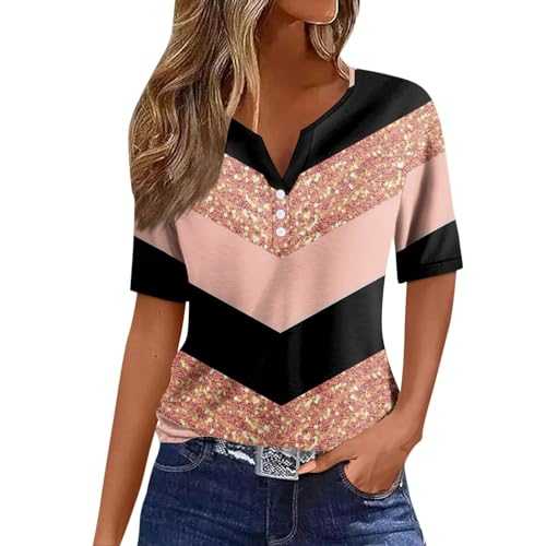 Shirts for Women UK Short Sleeve T Shirts V Neck Button Down Shirts Vintage Stripe Print Tops Loose Casual Blouses Elegant Tunic Shirts