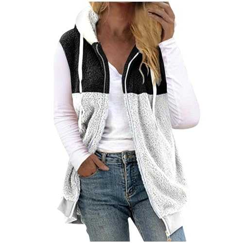 Zeiayuas Women's Fleece Gilet UK Sale Clearance Sherpa Fleece Bodywarmer Vest with Hooded Teddy Fluffy Gilet Ladies Lightweight Gilets Fuzzy Fur Jacket Plush Cozy Waistcoat Zip Up Hoodie