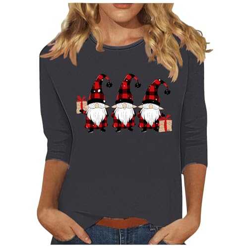 2024 Christmas Tunic Tops for Women UK Trendy 3/4 Sleeve Crewneck Lightweight Shirts Funny Xmas Red Wine Glass Gnome Snowman Print Blouse Casual Solid Color Tshirts