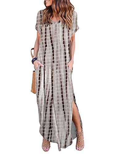 HUSKARY Women's Casual Pocket Beach Long Dress Short Sleeve Split Loose Maxi Dress