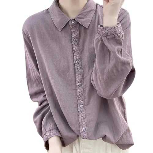 Linen Lace Panel Long Sleeve Shirt for Women Loose Fit Layering Blouse Top Women's Top Glitter