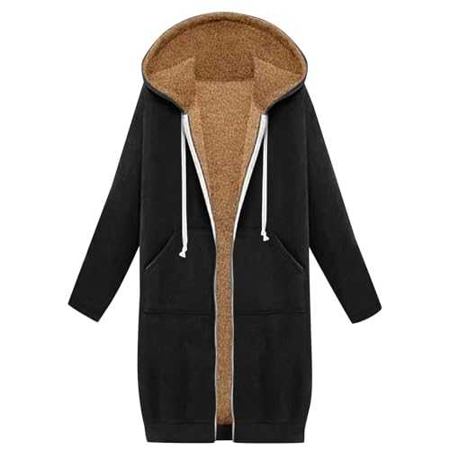 Mrat Fleece Jacket Women UK Sale Ladies Teddy Fleece Hoodie Plus Size Winter Coat Sherpa Lined Jacket Women Full Zip Long Hoodie Teddy Bear Coats Fleece Sweatshirts Drawstring Sweater