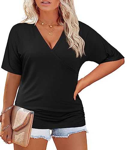 IN'VOLAND Womens Plus Size Tops V Neck Wrap Short Sleeve Shirts Casual Loose Dolman Top Tunic Blouses