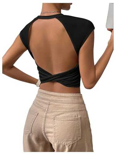 GORGLITTER Women's Twist Backless Heart Graphic Tank Top Crewneck Cap Sleeve Sexy Skinny Crop Tops