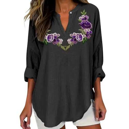 Cocila Alzheimers Awareness Shirt for Women Linen Tops Alzheimer's Purple Floral T Shirts Oversized Long Sleeve V-Neck Casual Blouses Henley Tunic Tops Boho Flowy Pullover