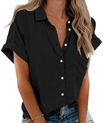 Beautife Womens Short Sleeve Shirts V Neck Collared Button Down Shirt Tops with Pockets, Black, S