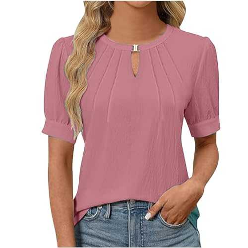 IUYTYSER Women's Fashionable Casual Solid Color Pleated Short Sleeved T Shirt Tops Juniors Graphic TopsSummer Elegance Trendy Basic Tops for Women UK Casual Blouse Ladies Household Tunic Tees