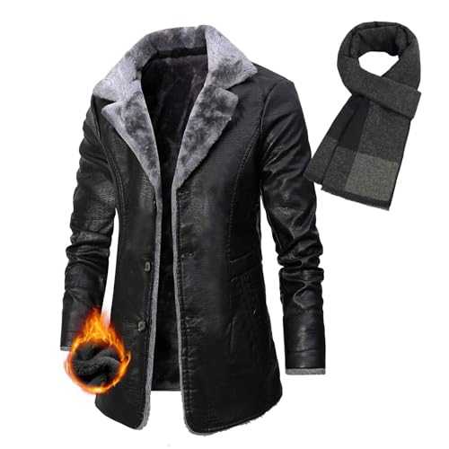 NIDSNID Leather Jacket Mens,Sheep Shearling Warm Bomber Jacket for Winters,Winter Trench Coat Warm Thick Outwear Fluffy Motorcycle Cargo Biker Jacket Overcoat for Men
