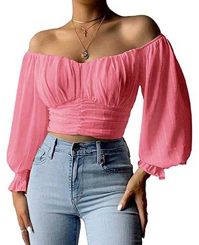 MIRACMODA Womens Elegant Off The Shoulder Puff Sleeve Blouse Summer Chiffon Slim Fit Party Crop Top