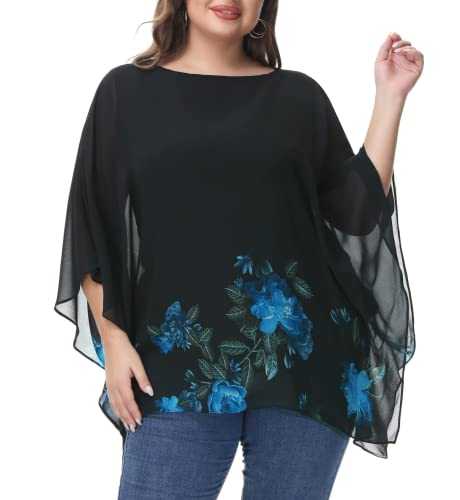 Hanna Nikole Women Plus Size Chiffon Blouse Fashion Solid Color Sleeveless Long Tops Blue Flower 24 Plus