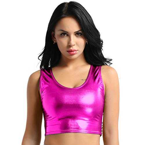 Alvivi Women's Shiny Metallic Scoop Neck Holographic Camisole Disco Dance Vest Crop Tank Top Blouse Shirt