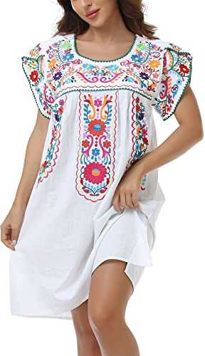 YZXDORWJ Women Summer Mexican Embroidered Boho Peasant Dress Petal Sleeve