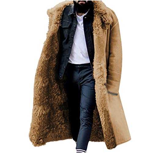 Clearance Mens Faux Fur Long Jacket Winter Overcoat Thicken Long Sleeve Warm Outwear Solid Color Coats Plus Size Buttons Jackets Turn Collar Fluffy Cardigan Parka Long Coat Mountain Windbreaker