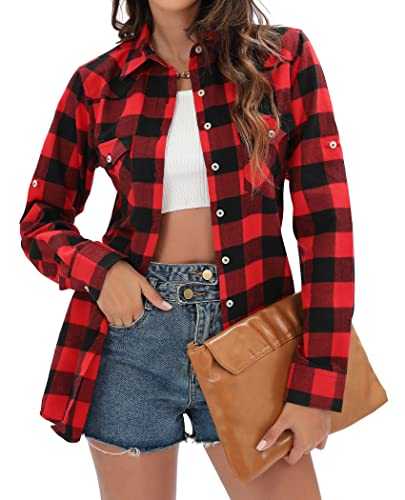 J.VER Women Flannel Checked Shirt Long Sleeve Cotton Casual Plaid Shirt Blouse Top with Pockets